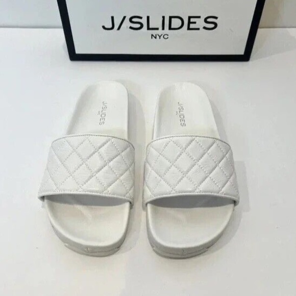 J/SLIDES Shoes - New J/Slides Edge Leather Slide Sandals Slip On White Quilted Comfortable NIB